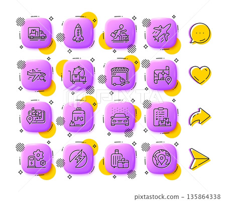 Fast delivery, Truck transport and Plane line icons. App 3d buttons. Social media comment, share, like icons. Pack of Search flight, Gas cylinder, Map icon. Vector 135864338