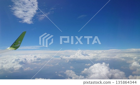 藍天中的飛機機翼和雲朵 藍天中的飛機機翼和雲朵 135864344