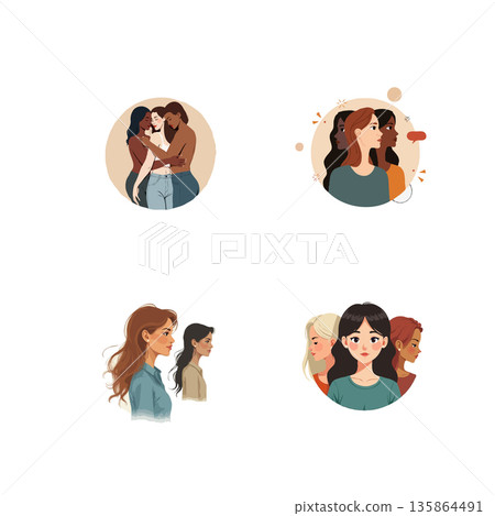 Set of vector illustrations showing diverse women. Concept of female empowerment, friendship and sisterhood. Flat design. Set of vector illustrations showing diverse women. Concept of female empowerment, friendship and sisterhood. Flat design. 135864491