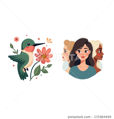 Vector illustration featuring a hummingbird with flowers and a group of diverse women. Perfect for nature and diversity themes. 135864494