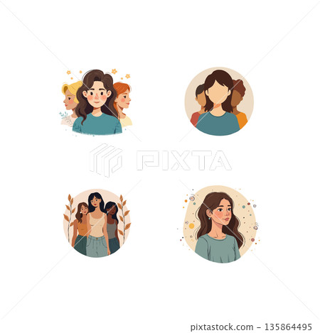 A set of diverse women illustrations symbolizing empowerment, unity, and feminism. Perfect for social media, posters, and web designs. 135864495