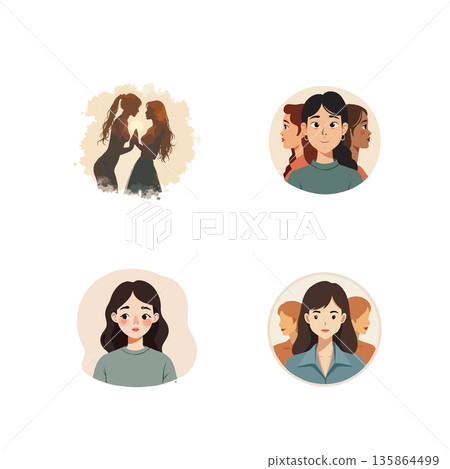 Collection of vector illustrations featuring diverse women. Perfect for social media, websites, and marketing materials. Collection of vector illustrations featuring diverse women. Perfect for social media, websites, and marketing materials. 135864499