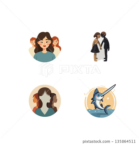 A set of vector icons representing diverse communities, relationships, and marine life, suitable for various design projects. 135864511