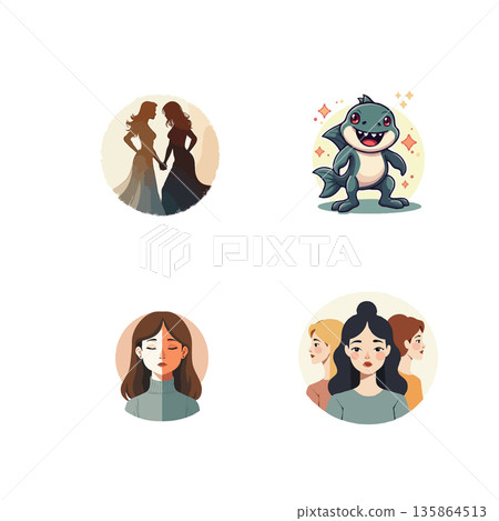 Collection of vector illustrations featuring diverse groups, including couples, women, and a cute shark character. Collection of vector illustrations featuring diverse groups, including couples, women, and a cute shark character. 135864513