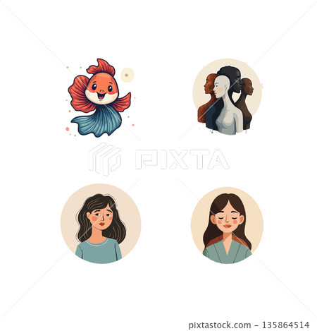 A collection featuring a cartoon goldfish, diverse women portraits, and serene female illustrations, ideal for various creative projects. A collection featuring a cartoon goldfish, diverse women portraits, and serene female illustrations, ideal for various creative projects. 135864514
