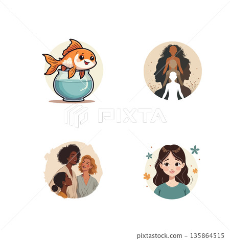 Collection of cute cartoon icons featuring diverse women and a goldfish in a bowl, perfect for various creative projects. 135864515