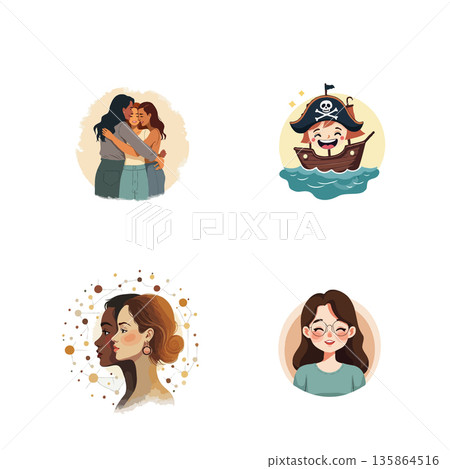 Collection of vector icons featuring diverse people, a pirate ship, and a hugging couple. Perfect for various design projects. Collection of vector icons featuring diverse people, a pirate ship, and a hugging couple. Perfect for various design projects. 135864516
