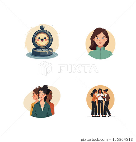 Illustrations depict women supporting each other, time management, and individual portraits, ideal for empowerment themes. 135864518