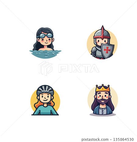 Collection of cartoon characters including a swimmer, knight, cyclist, and king, perfect for illustrations and designs. 135864530