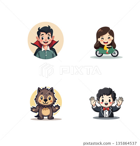 A set of adorable Halloween cartoon characters including a vampire, girl on a motorcycle, werewolf, and magician. 135864537