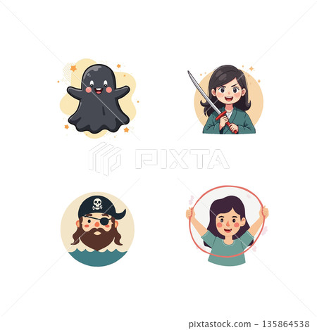 Adorable cartoon characters set featuring a ghost, warrior, pirate, and woman holding a hoop. Ideal for illustrations, designs, and creative projects. 135864538