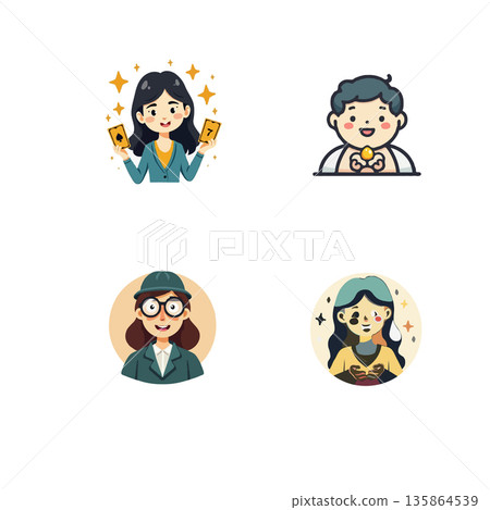 Set of cute cartoon avatars. Diverse characters for social media, profile pictures, or design projects. Vector illustration. 135864539