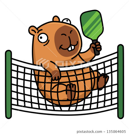 Funny capybara playing pickleball stuck in net. Cute cartoon animal holding green paddle. Clumsy rodent character vector illustration for sports humor, stickers, t-shirt print and mascot design. Funny capybara playing pickleball stuck in net. Cute cartoon animal holding green paddle. Clumsy rodent character vector illustration for sports humor, stickers, t-shirt print and mascot design. 135864605