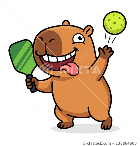 Funny cartoon capybara mascot diving to hit a pickleball with a green paddle, dynamic vector illustration for sport design and fitness logo, isolated on white background. Funny cartoon capybara mascot diving to hit a pickleball with a green paddle, dynamic vector illustration for sport design and fitness logo, isolated on white background. 135864606