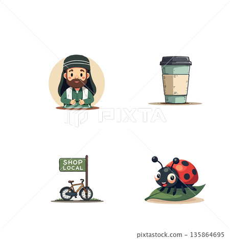 A charming set of pixel art illustrations promoting local business, featuring a shopkeeper, coffee, a bicycle sign, and a ladybug. A charming set of pixel art illustrations promoting local business, featuring a shopkeeper, coffee, a bicycle sign, and a ladybug. 135864695