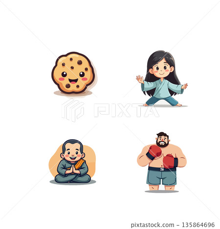 Adorable cartoon characters set featuring a cookie, girl, monk, and boxer. Perfect for kids' content and playful designs. Adorable cartoon characters set featuring a cookie, girl, monk, and boxer. Perfect for kids' content and playful designs. 135864696