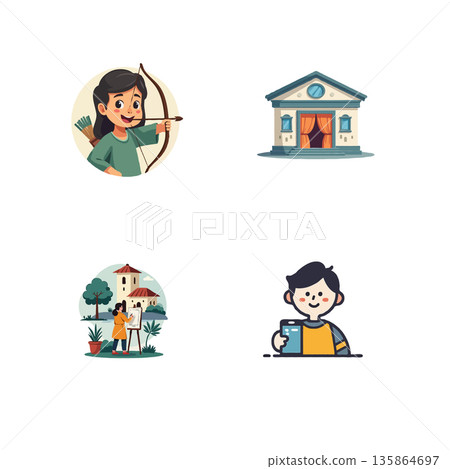 A collection of cartoon illustrations depicting a girl with a bow, a theater, an artist painting, and a boy with a phone. 135864697