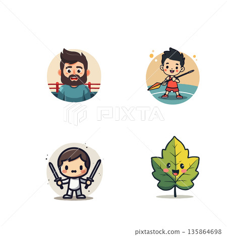 Adorable cartoon characters set featuring a bearded man, badminton player, swordsman, and happy leaf. Vector illustration. Adorable cartoon characters set featuring a bearded man, badminton player, swordsman, and happy leaf. Vector illustration. 135864698