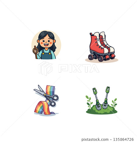 Collection of cute cartoon style illustrations representing various hobbies and activities. Vector art. 135864726