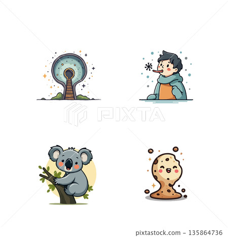 Collection of adorable kawaii style illustrations featuring a portal, a boy with a cold, a koala, and a melting cookie. 135864736