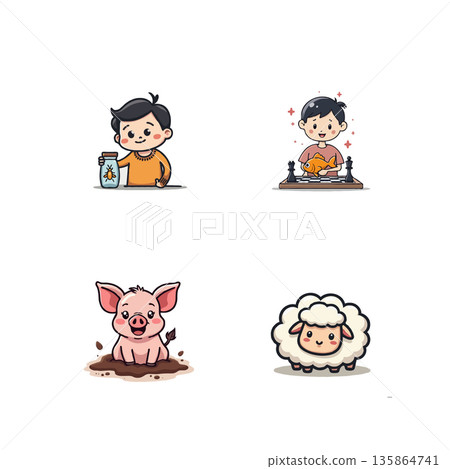 Adorable cartoon characters illustration set featuring a boy with honey, playing chess, a pig in mud, and a fluffy sheep. Adorable cartoon characters illustration set featuring a boy with honey, playing chess, a pig in mud, and a fluffy sheep. 135864741