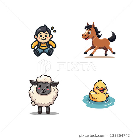 Charming pixel art collection featuring a cheerful boy, playful horse, fluffy sheep, and adorable duckling. Perfect for children's illustrations. 135864742