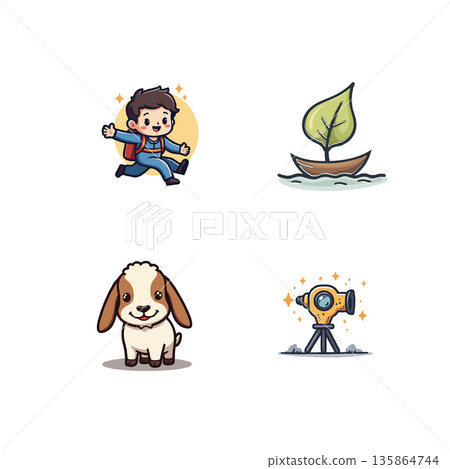 Collection of cute cartoon icons featuring a boy, boat, puppy, and telescope. Pixel art style, isolated on white. 135864744