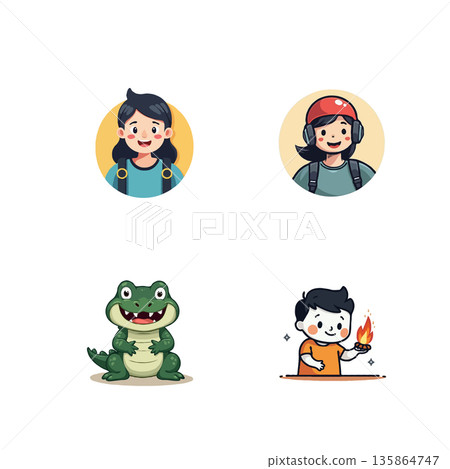 Set of cartoon illustrations featuring diverse characters and a cute alligator, perfect for children's books and designs. 135864747