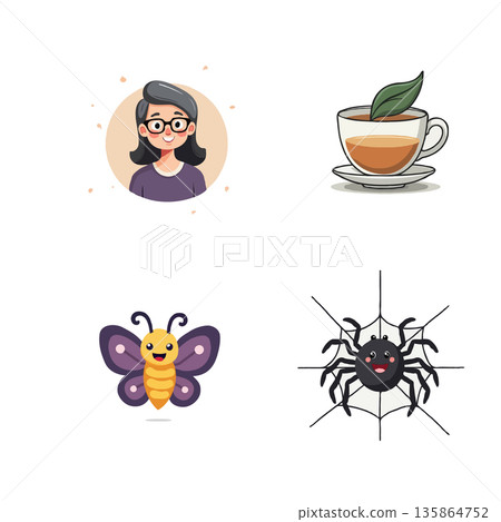 Adorable cartoon illustration set featuring a woman, tea cup, butterfly, and spider. Perfect for children's content. Adorable cartoon illustration set featuring a woman, tea cup, butterfly, and spider. Perfect for children's content. 135864752