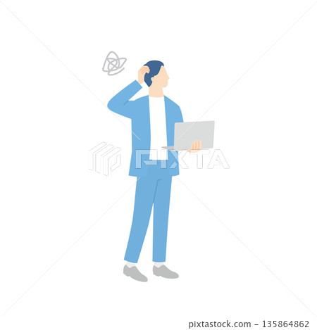 一位男性商務人士站在筆記型電腦前,憂心忡忡地看著工作。 一位男性商務人士站在筆記型電腦前,憂心忡忡地看著工作。 135864862