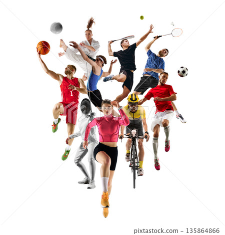Large group of athletes in dynamic motion collage isolated on white. Large group of athletes in dynamic motion collage isolated on white. 135864866