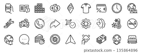 Internet notification, Bed and International delivery line icons pack. Share, Message, Paper plane icons. Escalator, Ice cream, Time web icon. Puzzle, Money exchange, Car leasing pictogram. Vector 135864896