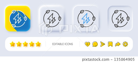 Green electricity line icon. Neumorphic, Flat shadow, 3d buttons. Leaf energy power sign. Lightning bolt symbol. Line green electricity icon. Social media icons. Vector 135864905