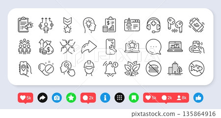 Business way, Inflation and Foreman line icons pack. Social media: share, comment, like icons. Medical support, Group people, Squad web icon. No burger, Winner medal, Stop fishing pictogram. Vector 135864916