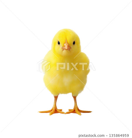 Yellow chick standing upright with fluffy feathers and bright eyes. Isolated on transparent background. 135864959