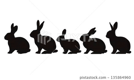 Silhouette of five rabbits in various positions, showcasing different postures and sizes. Isolated on transparent background. 135864960