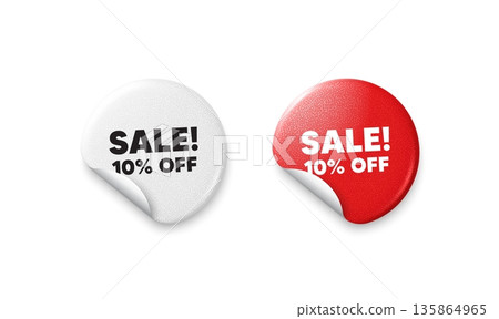 Sale sticker tags. Glitter paper price badge. Sale 10 percent off discount. Promotion price offer sign. Retail badge symbol. Offer round sticker. Promo banner. Vector 135864965