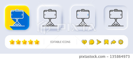 Selfie stick line icon. Neumorphic, Flat shadow, 3d buttons. Mobile accessories sign. Phone photo symbol. Line selfie stick icon. Social media icons. Vector 135864973