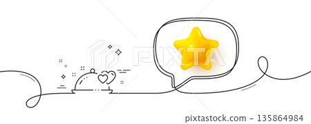 Romantic dinner line icon. Continuous line with 3d star. Valentines day restaurant food sign. Couple relationships symbol. 3d star in speech bubble. Romantic dinner single line ribbon. Vector 135864984