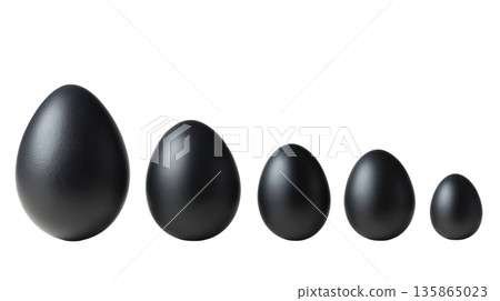 Black Easter eggs arranged in a gradient from large to small, showcasing various sizes and shapes for festive decoration or celebration. Isolated on transparent background. 135865023