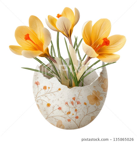 Yellow crocus flowers arranged in a decorative eggshell vase with floral patterns, symbolizing Easter and springtime celebrations. Isolated on transparent background. 135865026