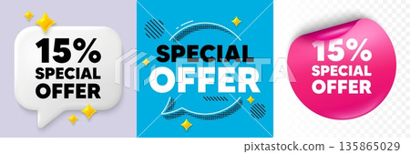 Discount speech bubble. 3d sparkles chat, Paper sticker. 15 percent discount offer tag. Sale price promo sign. Special offer symbol. Special offer bubble. Halftone dots pattern. Vector Discount speech bubble. 3d sparkles chat, Paper sticker. 15 percent discount offer tag. Sale price promo sign. Special offer symbol. Special offer bubble. Halftone dots pattern. Vector 135865029