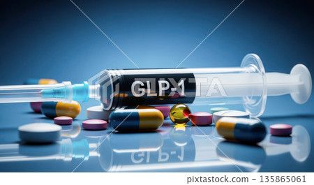Syringe labeled GLP-1 with assorted colorful pills scattered on a reflective surface, illuminated by soft blue lighting 135865061