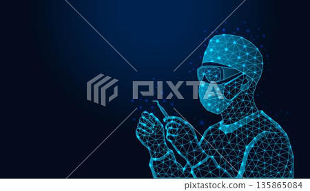 Low poly wireframe dentist with dental tool on dark blue background. Low poly wireframe dentist with dental tool on dark blue background. 135865084