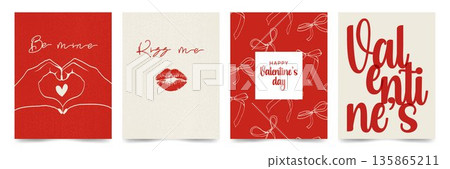 Valentine’s Day posters in red and cream colors. Whimsical illustrations, romantic typography, playful love symbols create a warm, cozy and festive mood. Perfect for posts, stories, cards, promotions. 135865211