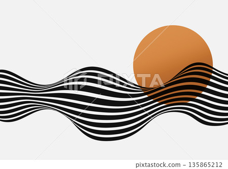 Abstract black and white wavy lines with orange circle Abstract black and white wavy lines with orange circle 135865212