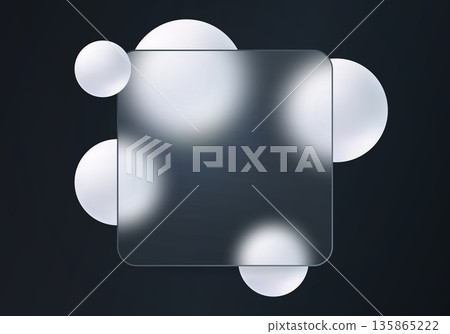 Dark glass morphism background with frosted glass panel and soft white spheres. 135865222