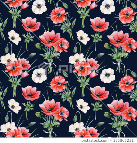 Red poppies blooming field watercolor seamless pattern on black for stylish spring designs. Botanical floral hand drawn repeat background with anemones flowers for delicate fabrics and wallpapers 135865231