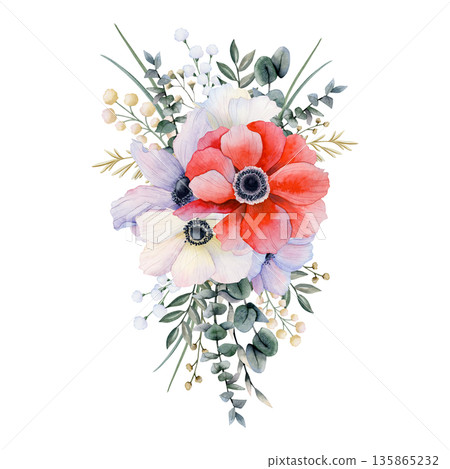 Watercolor vertical bouquet of wildflowers with eucalyptus and grass isolated illustration. Red, white and pastel violet poppies wedding clip art. Field anemones flowers for spring floral designs 135865232