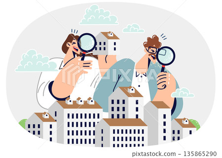 Realtors search properties for sale, stands among miniature buildings and holding magnifying glasses 135865290